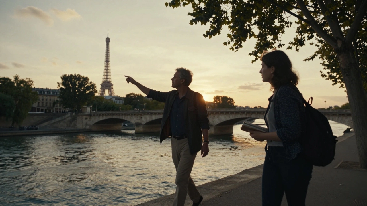 A guide and client stroll along the Seine at sunset, discussing Paris history near a quiet bridge.