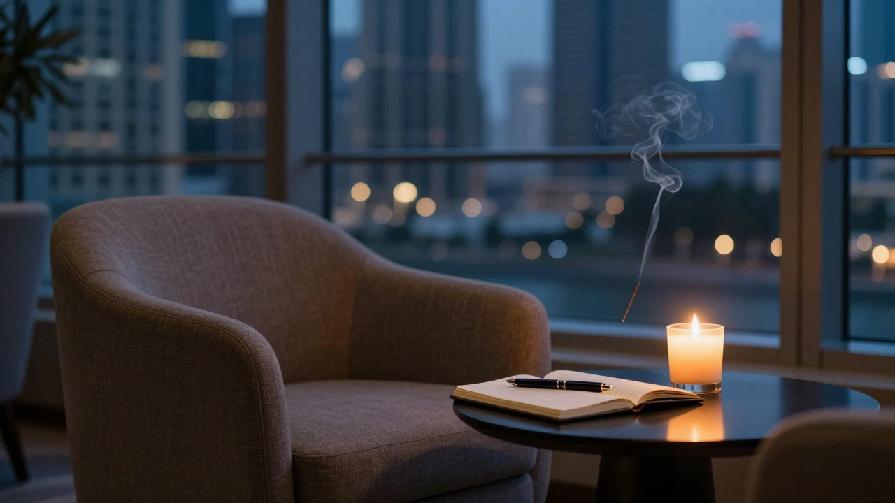 An empty luxury lounge at dusk with a flickering candle and sandalwood incense, evoking quiet anticipation.