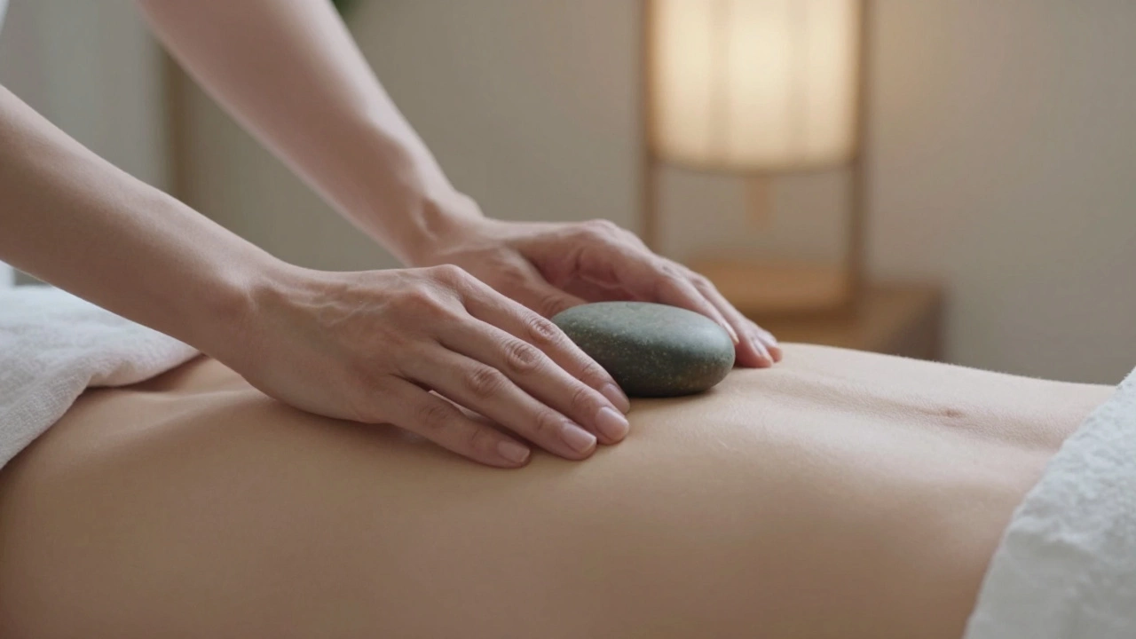 Two hands in silent connection — one holding a warm stone above a bare back, bathed in soft lantern light.